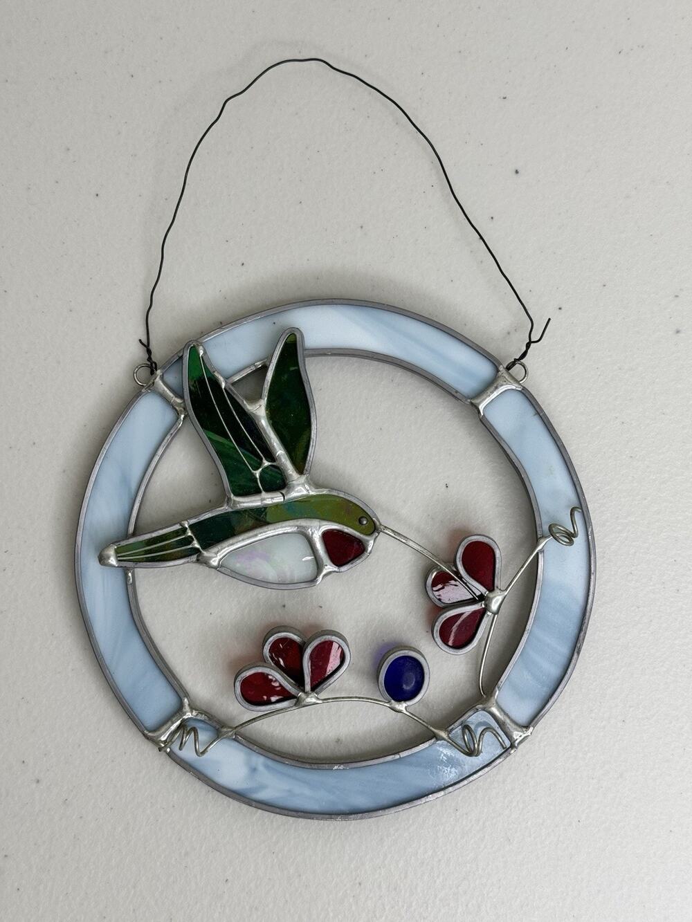 Vintage Handmade Hummingbird Floral Round Stained Glass Sun Catcher Iridescent
